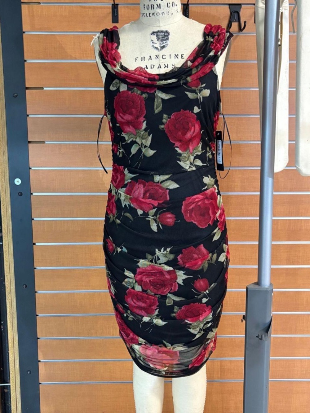Bebe NWT Black/Red rose floral draped mesh bodycon midi dress size S